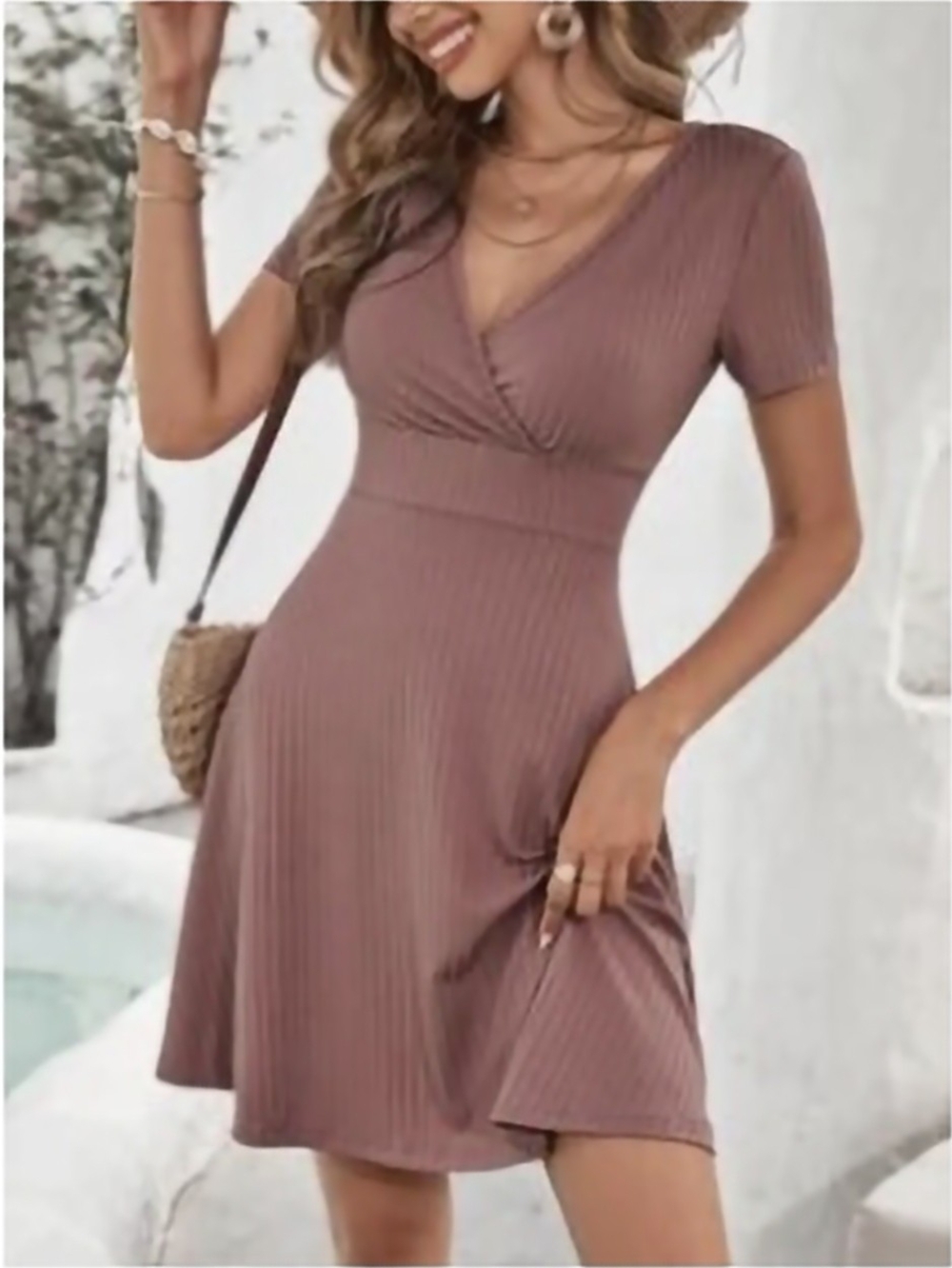 SHEIN Mauve Ribbed V‑Neck Short Sleeve A‑Line Dress